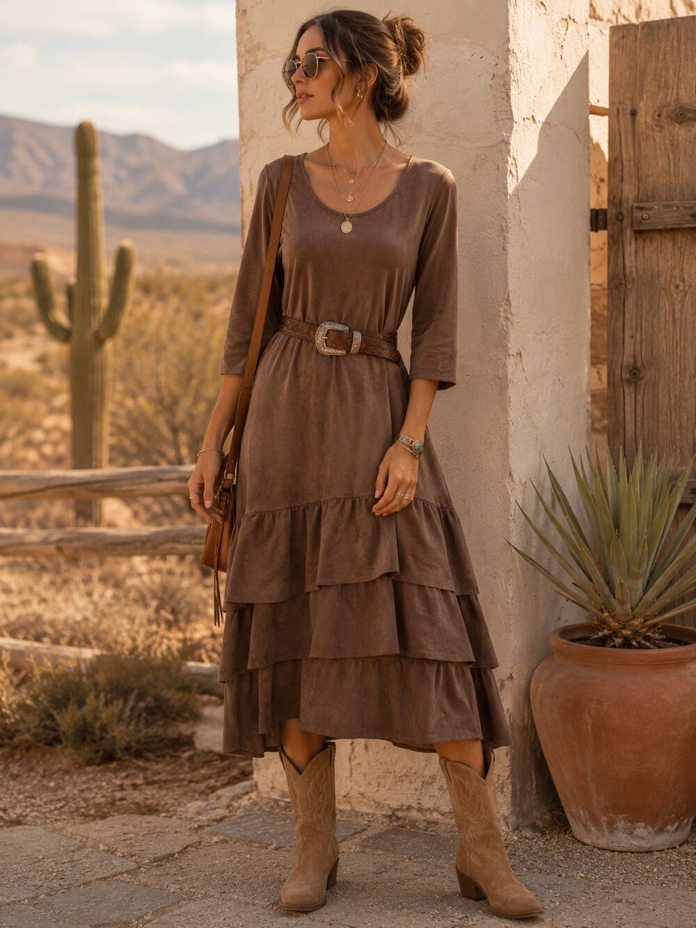 Wrangler Faux Suede Tiered Midi Dress Brown Size Large ✨